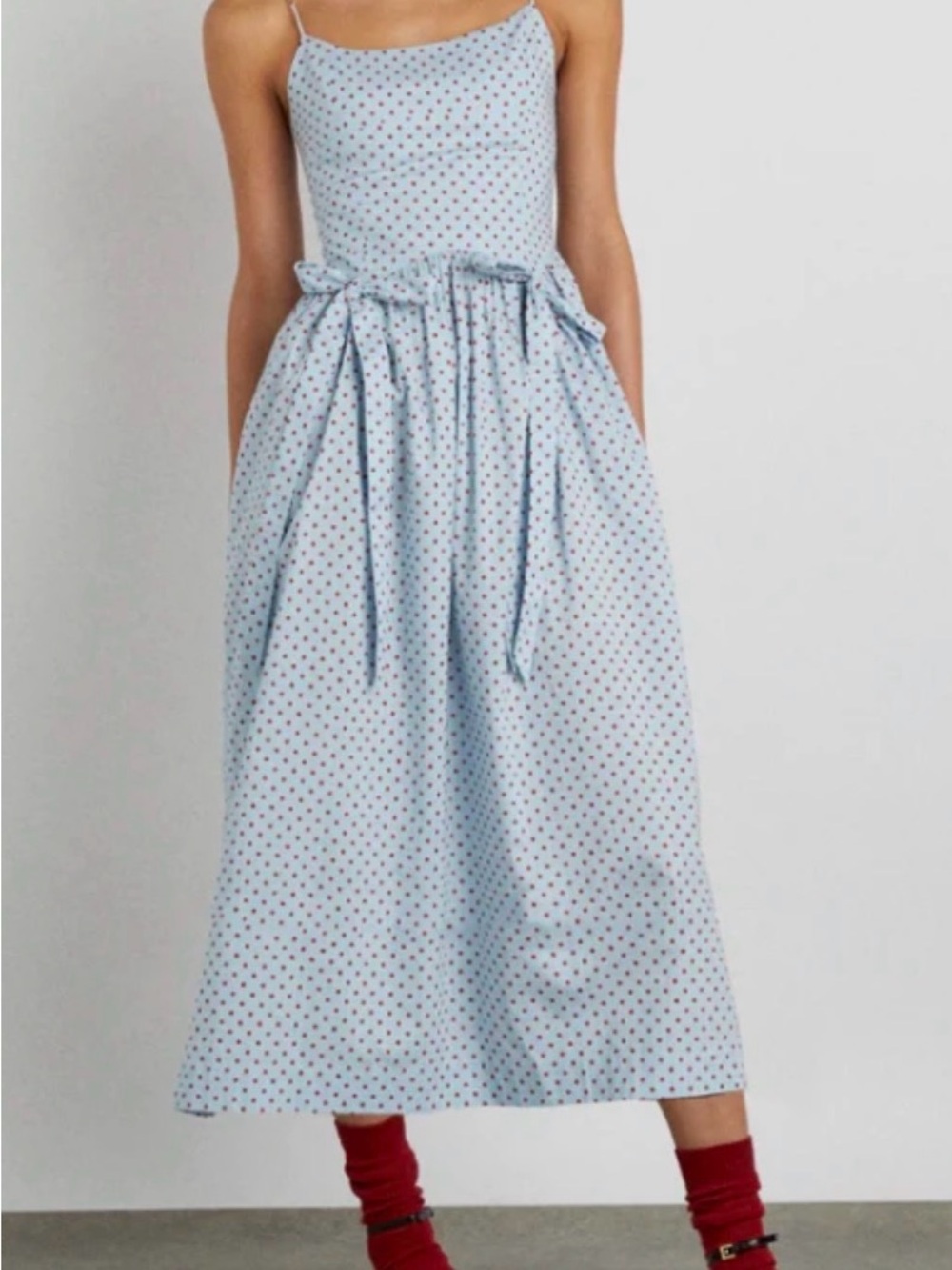 Light Blue Polka Dot Maxi Dress with Tie-Waist